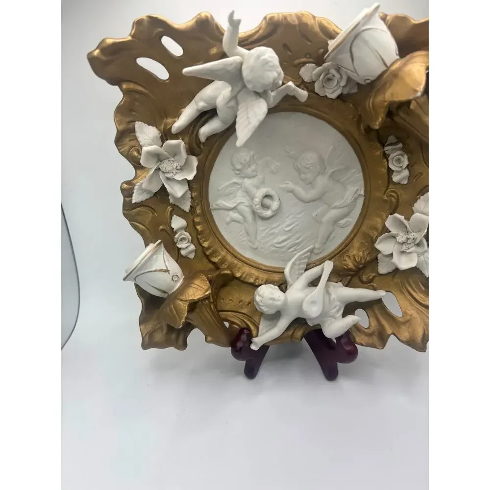Vintage Art Nouveau Candle Holder Sconce Porcelain Cherubs Angels Gold/ White